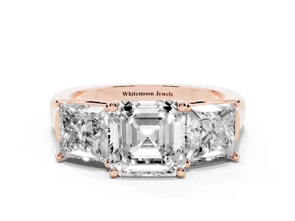 Three-Stone Asscher Cut Brilliant Diamond Trellis Ring with Comfort Fit Band Rose gold