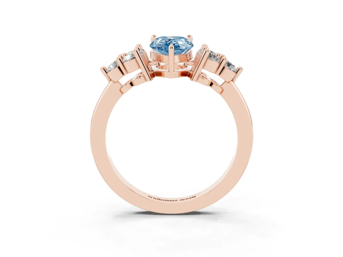 Fancy Blue Pear Cut Brilliant Diamond Cluster Accent Solitaire Ring with Prong Setting Rose gold