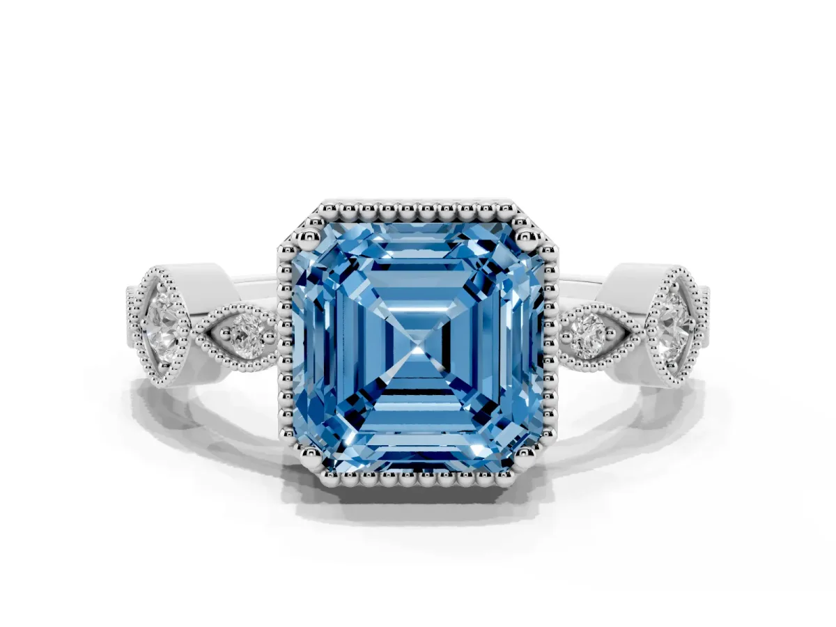 Fancy Blue Asscher Cut Diamond Vintage Milgrain Ring with Round Stations Silver