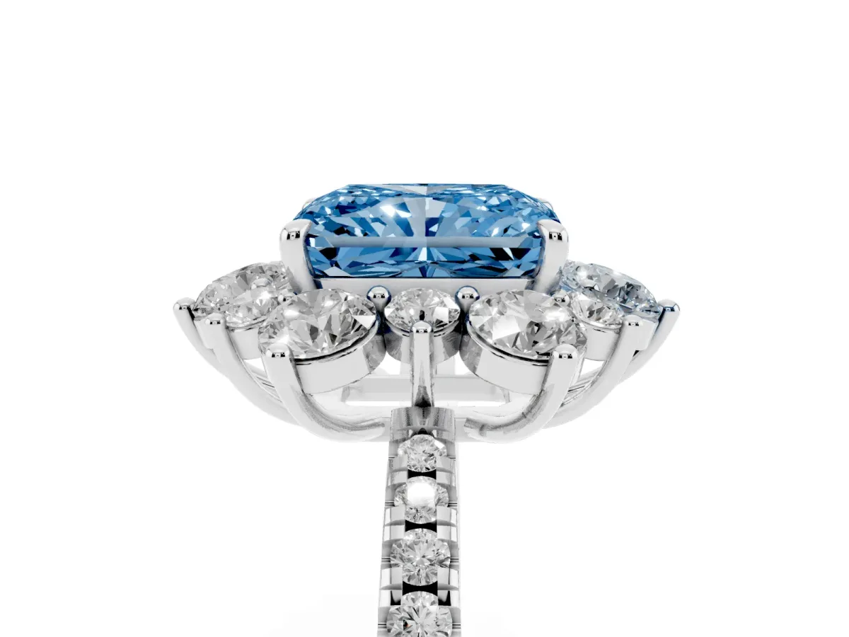 Fancy Blue Radiant Cut Diamond Floral Halo Ring with Round Pavé Band and Prong Setting Silver