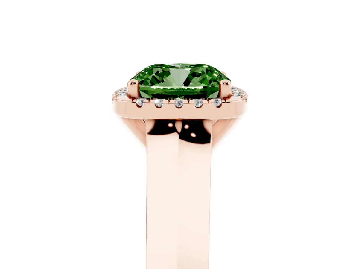 Fancy Green Cushion Cut Halo Diamond Ring with Cathedral Band and Four-Prong Setting Rose gold