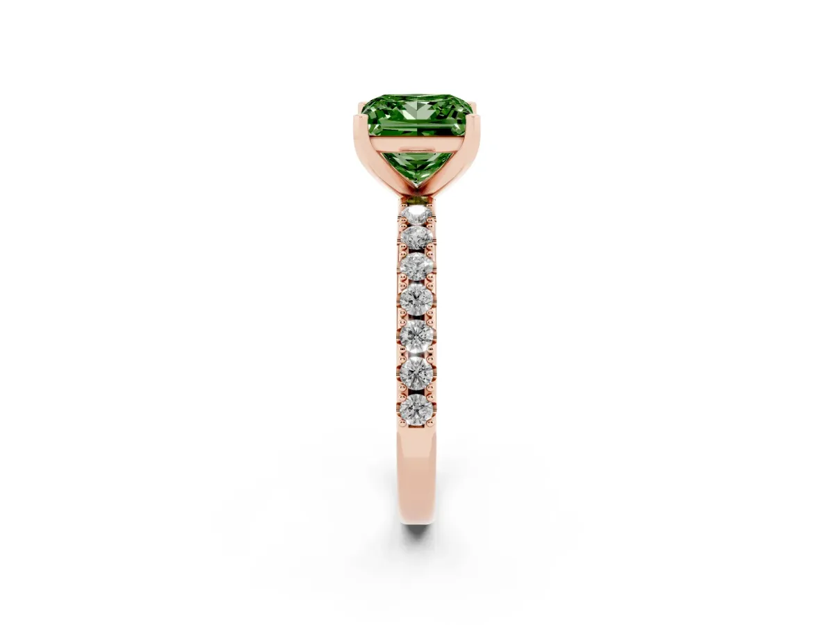Fancy Green Princess Cut Diamond Solitaire Pavé Band with Four-Prong Setting Rose gold