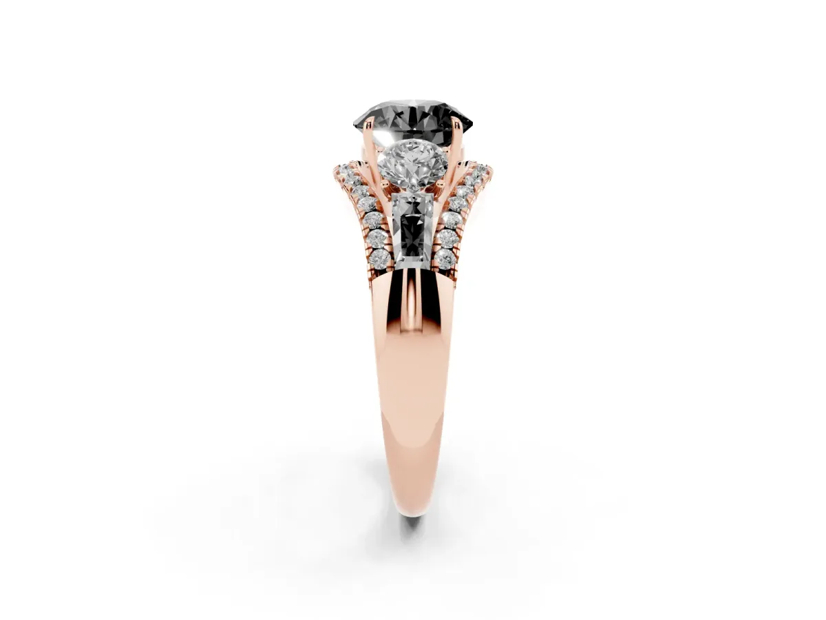 Fancy Black Three-Stone Round Cut Diamond Engagement Ring with Pave Band and Prong Setting Rose gold