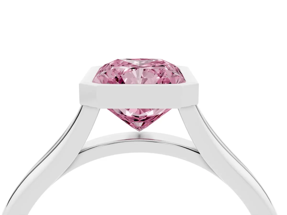 Fancy Pink Bezel Set Radiant Cut Cut Solitaire Ring with Tapered Band Silver
