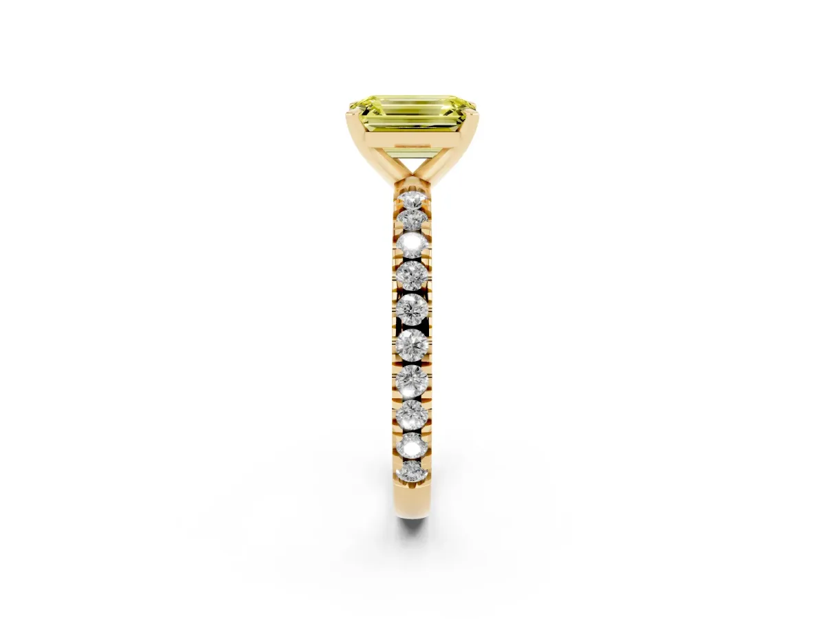 Fancy Yellow Emerald Cut Diamond Pavé Band Solitaire with Four-Prong Setting Yellow gold