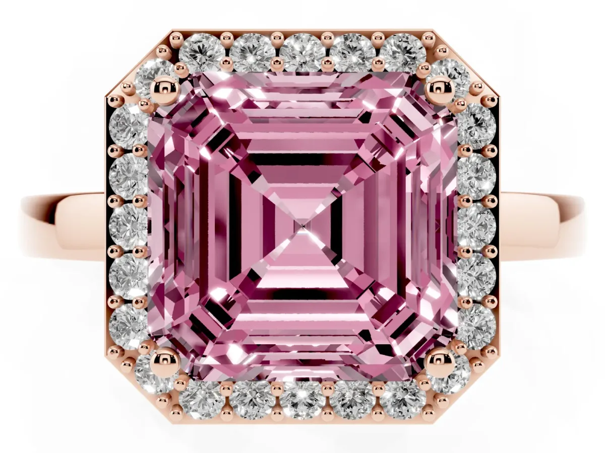 Fancy Pink Asscher Cut Halo Diamond Ring with Solitaire Band and Prong Setting Rose gold