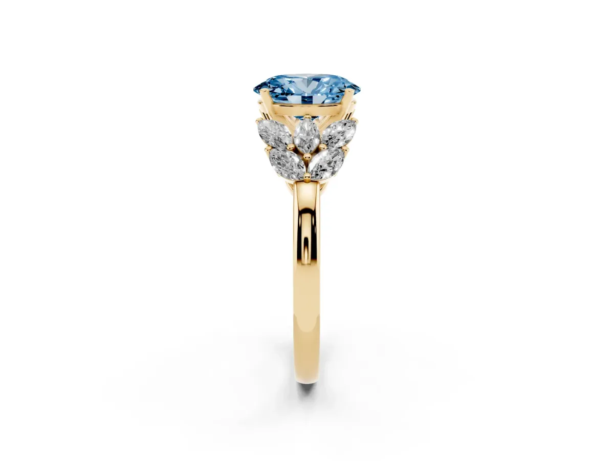 Fancy Blue Oval Cut Diamond Cluster Leaf Design Ring with Prong Setting Yellow gold