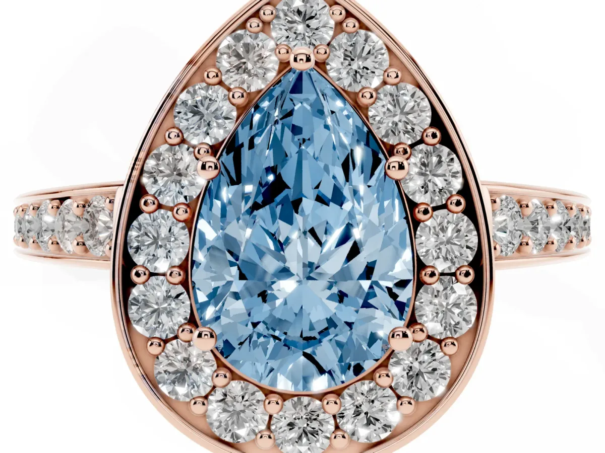 Fancy Blue Pear Cut Halo Pavé Diamond Engagement Ring with Bezel Setting Rose gold