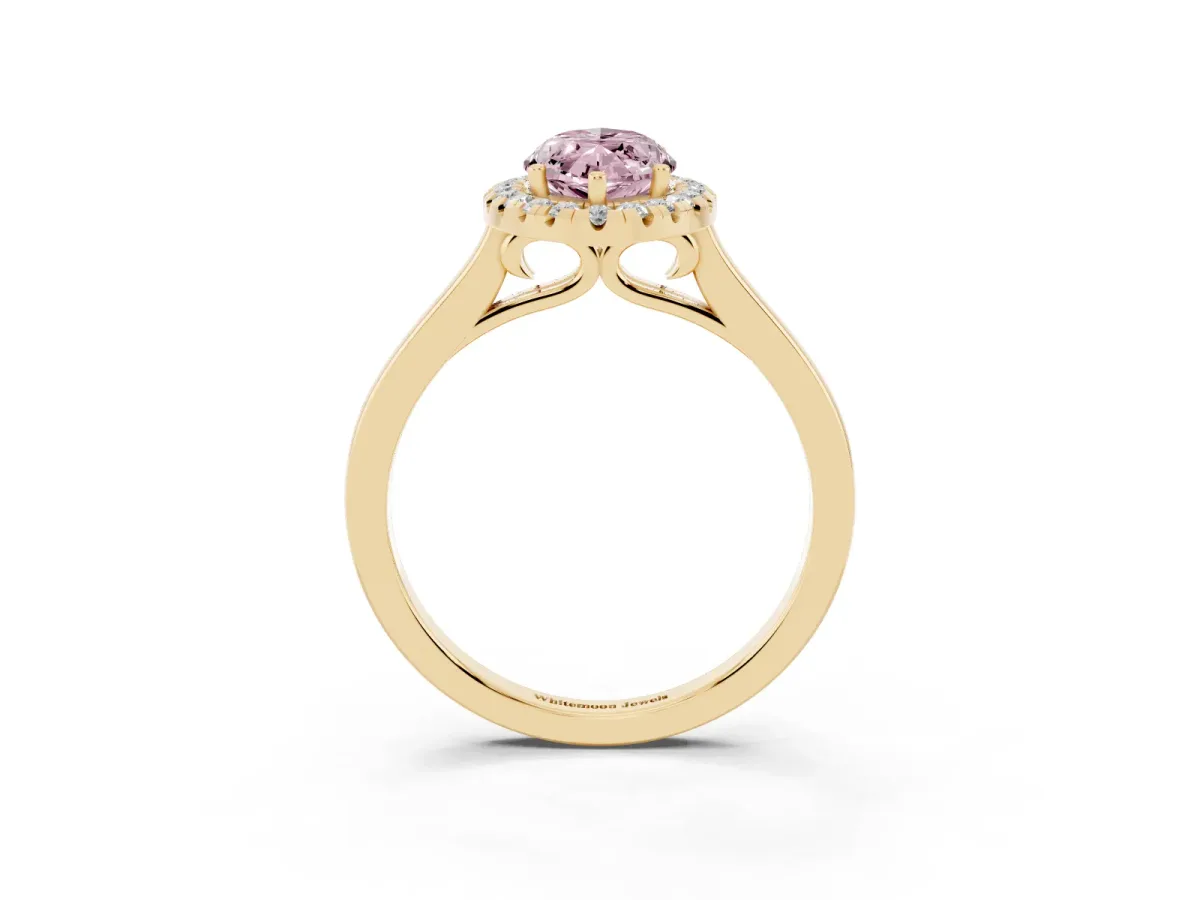 Fancy Pink Marquise Cut Halo Round Diamond Solitaire Ring with Pavé Band and Four-Prong Setting Yellow gold