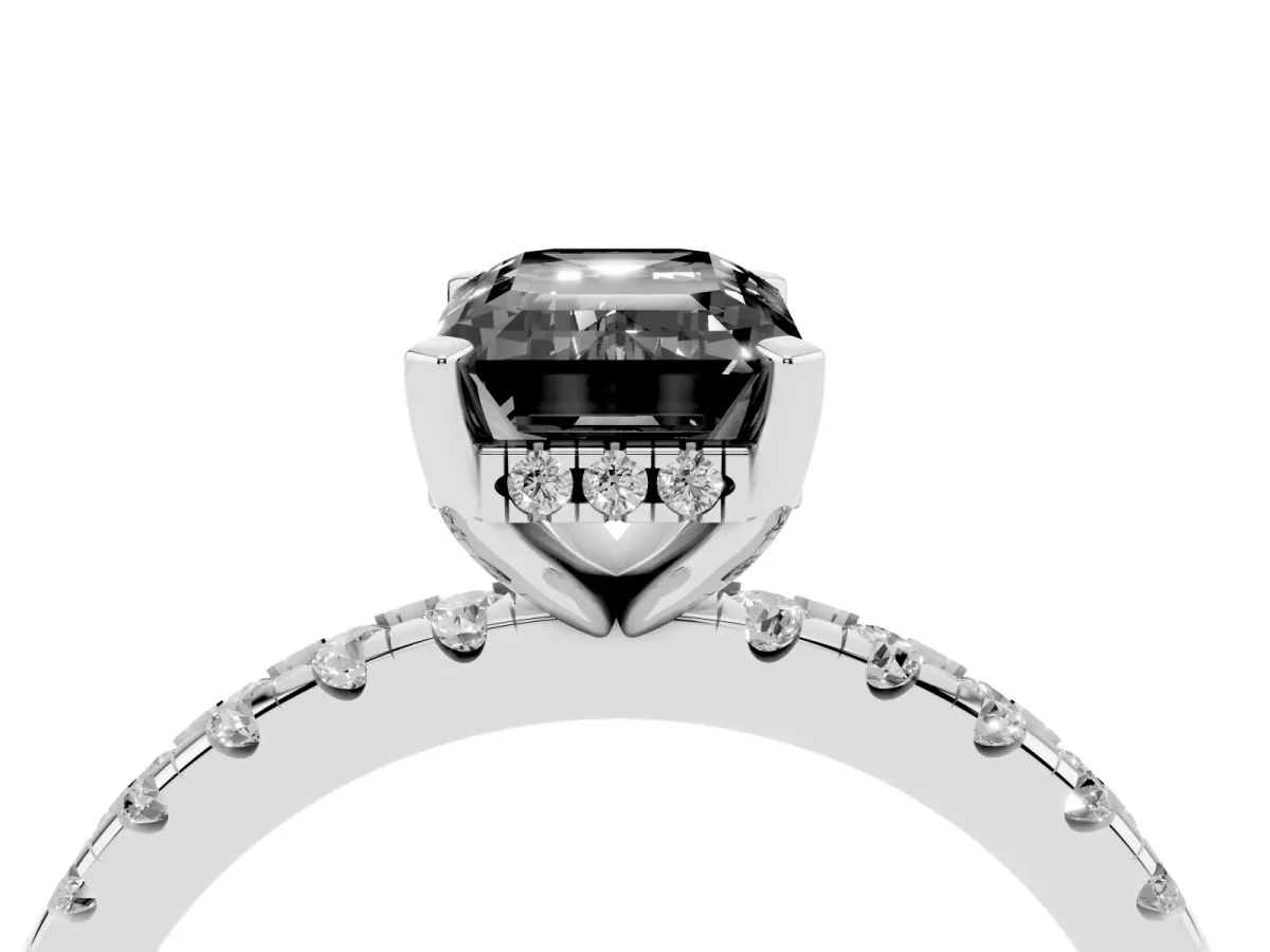 Fancy Black Emerald Cut Diamond Solitaire Ring with Round Pavé Band and Four-Prong Setting Silver