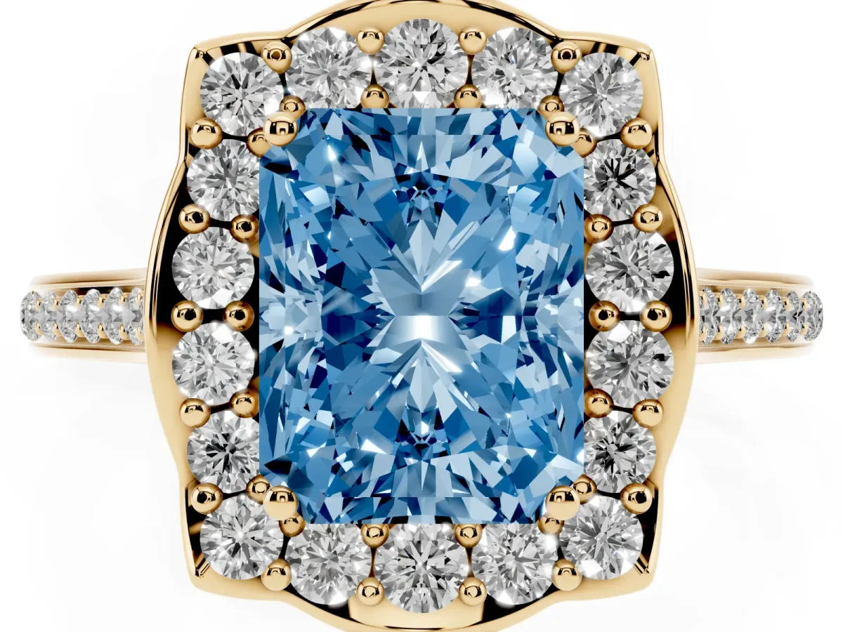 Fancy Blue Radiant Cut Halo Round Diamond Pave Band with Four-Prong Setting Yellow gold