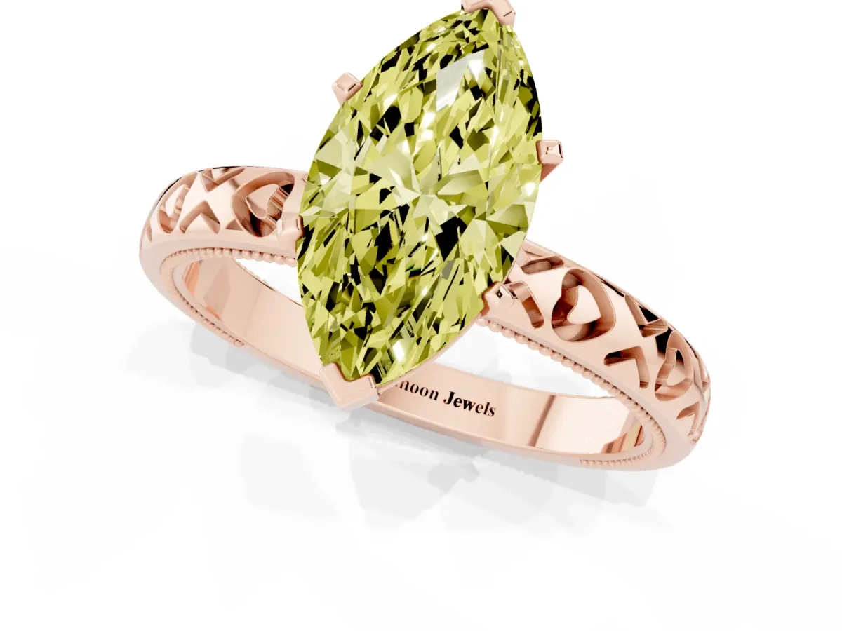 Fancy Yellow Marquise Cut Solitaire Diamond Engagement Ring with XO Engraved Band and Four-Prong Setting Rose gold