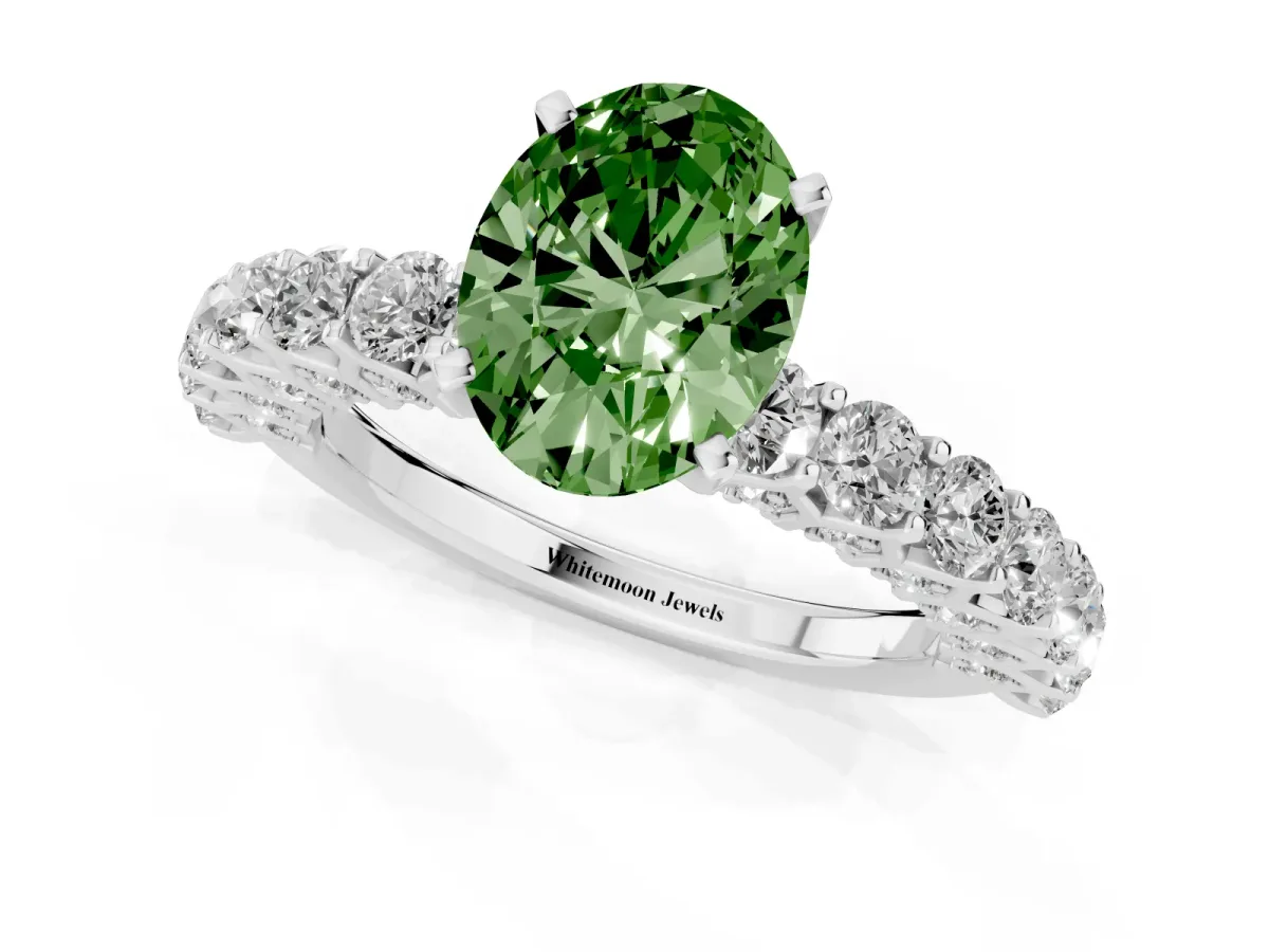 Fancy Green Oval Cut Diamond Solitaire Ring with Shared Prong Pavé Band and Four-Prong Setting Silver