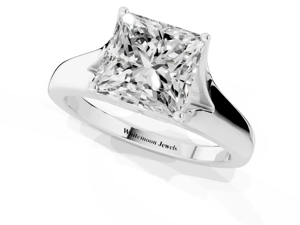 Princess Cut Solitaire Diamond Ring with Cathedral Band and Four-Prong Setting Silver