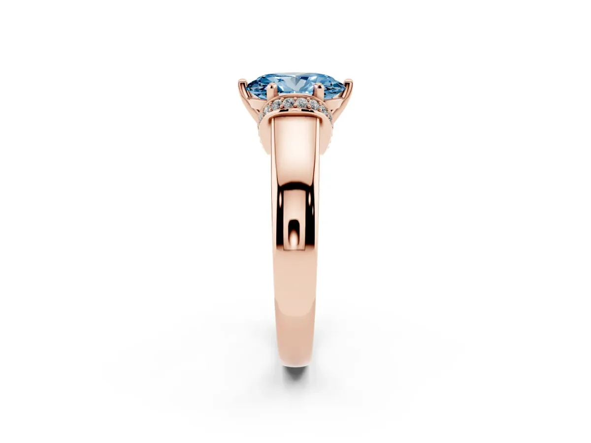 Fancy Blue Oval Cut Solitaire Diamond Ring with Pave Band and Six-Prong Setting Rose gold