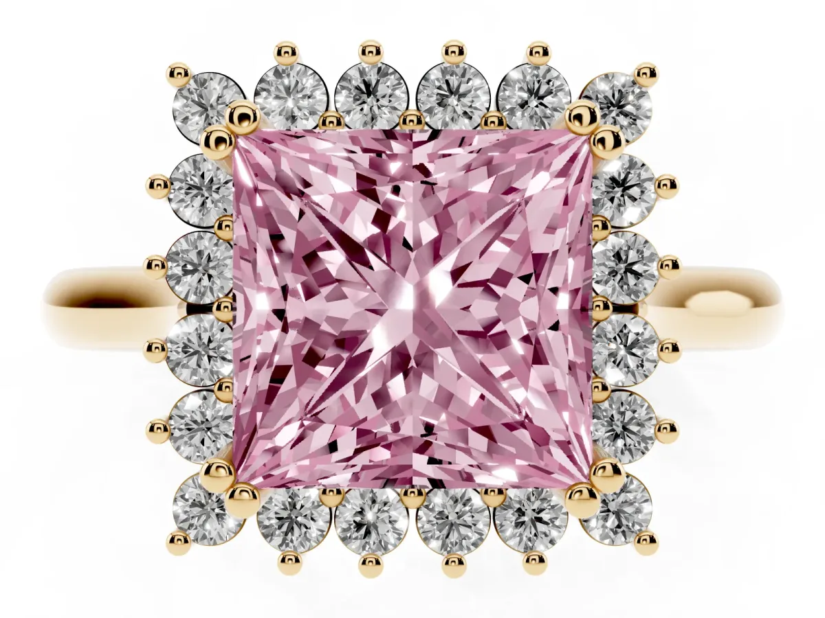 Fancy Pink Princess Cut Cut Diamond Halo Ring with Solitaire Band and Prong Setting Yellow gold
