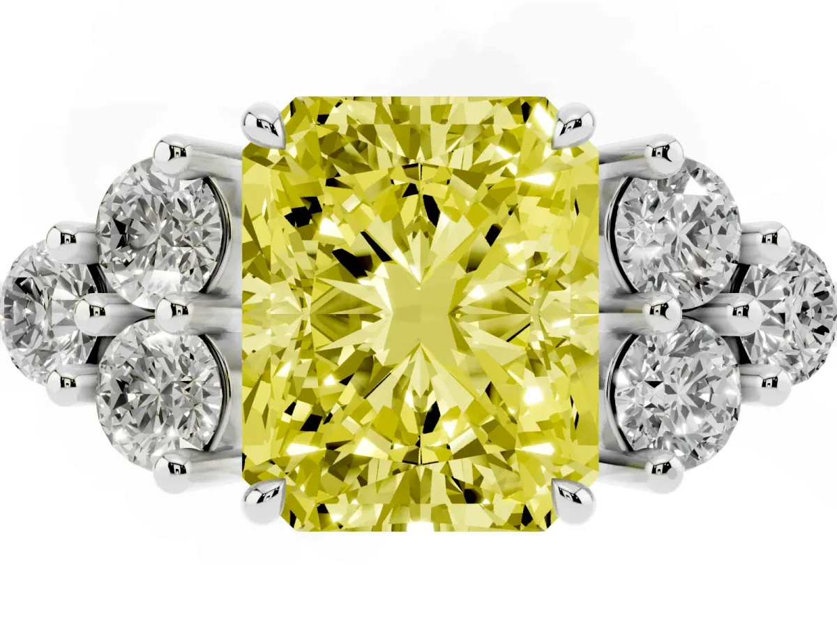 Fancy Yellow Radiant Cut Brilliant Diamond Cluster Accent Solitaire Ring with Prong Setting Platinum
