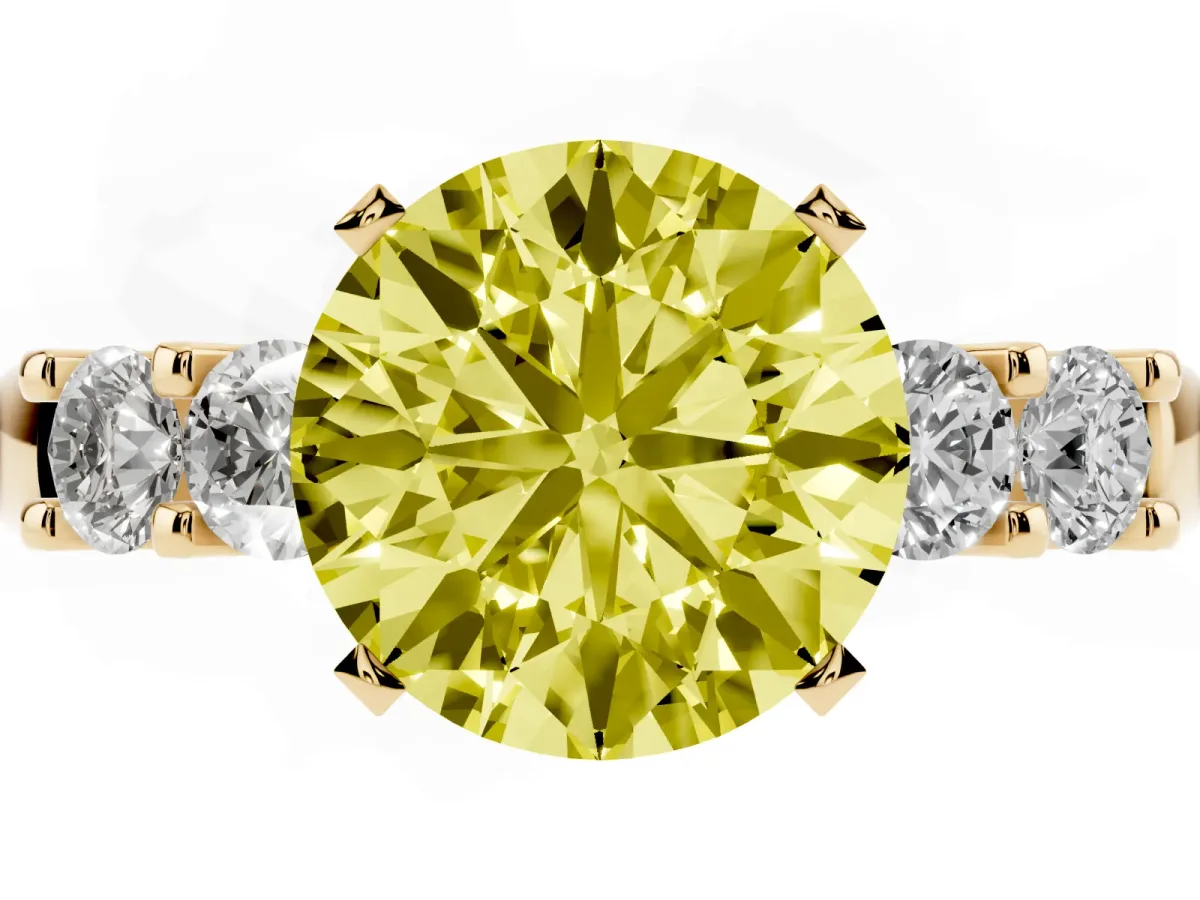 Fancy Yellow Round Cut Brilliant Cut Diamond Five-Stone Prong Set Engagement Ring with Channel Band Yellow gold