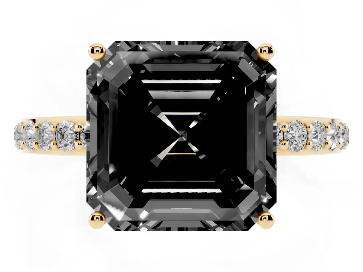Fancy Black Asscher Cut Diamond Solitaire Ring with Pavé Band and Hidden Halo Yellow gold