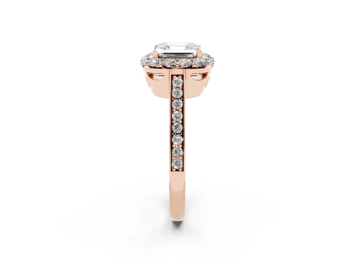 Asscher Cut Diamond Floral Halo Ring with Pavé Band and Prong Setting Rose gold