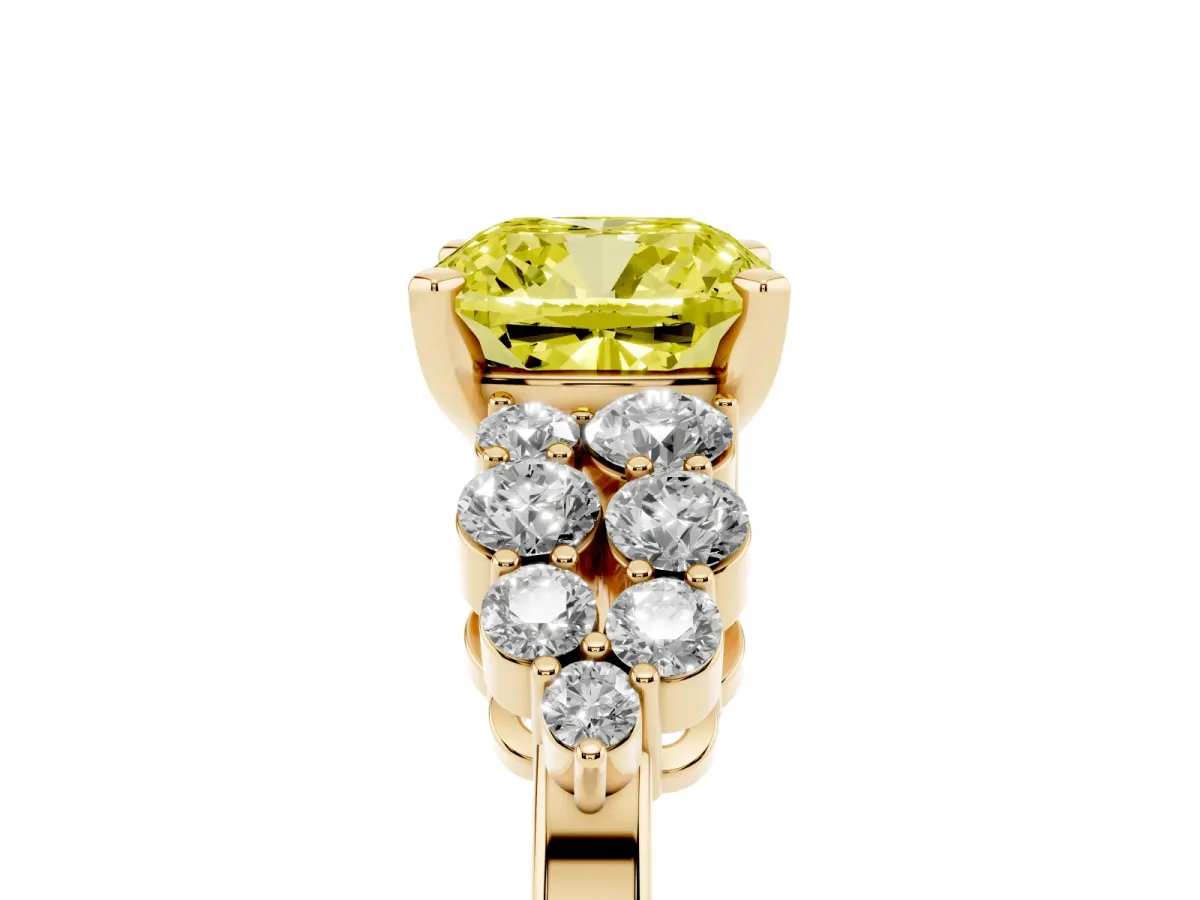 Fancy Yellow Cushion Cut Cluster Diamond Engagement Ring with Pavé Band and Four-Prong Setting Yellow gold