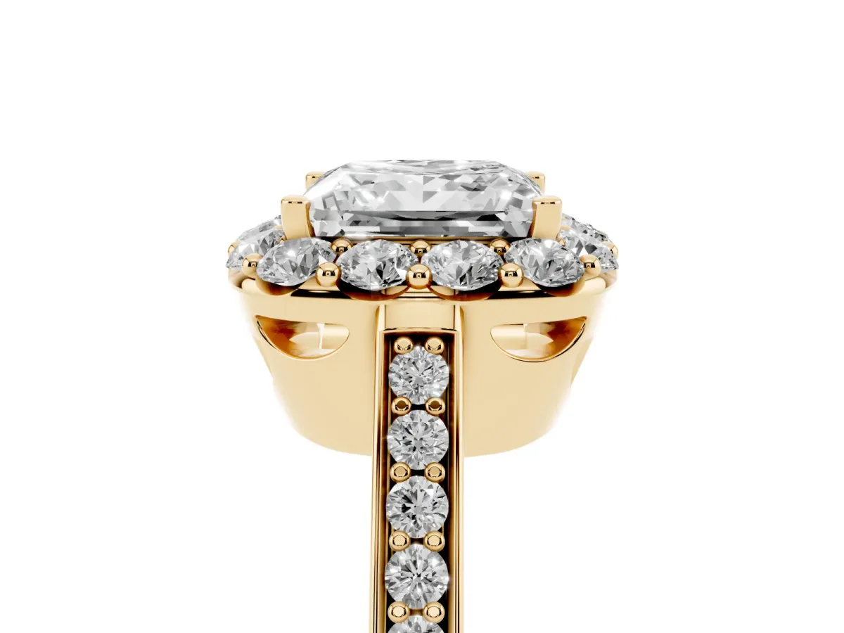 Princess Cut Diamond Floral Halo Ring with Pavé Band and Prong Setting Yellow gold