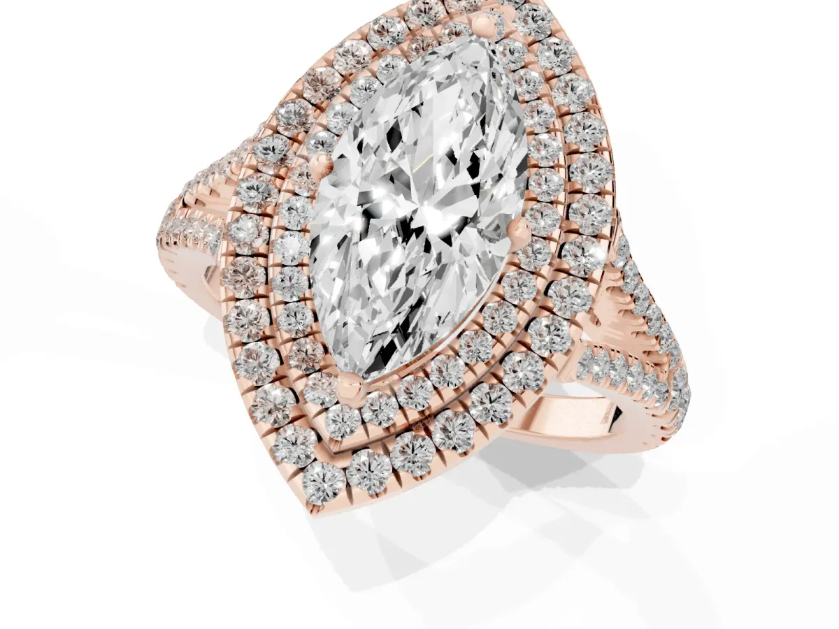 Marquise Cut Diamond Double Halo Ring with Pavé Band and Prong Setting Rose gold