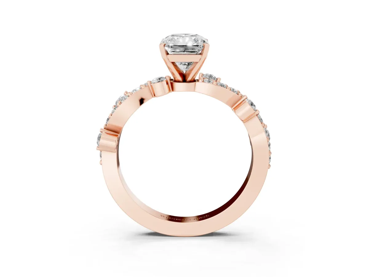 Radiant Cut Cut Solitaire Diamond Twisted Band with Pave Setting Rose gold