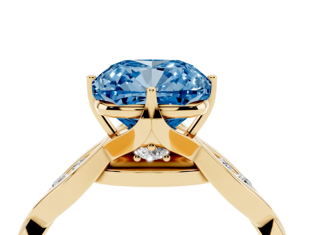 Fancy Blue Cushion Cut Solitaire Twist Band with Leaf Prong Setting Yellow gold