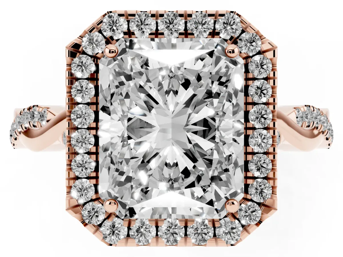 Radiant Cut Halo Twist Band Solitaire Ring Rose gold