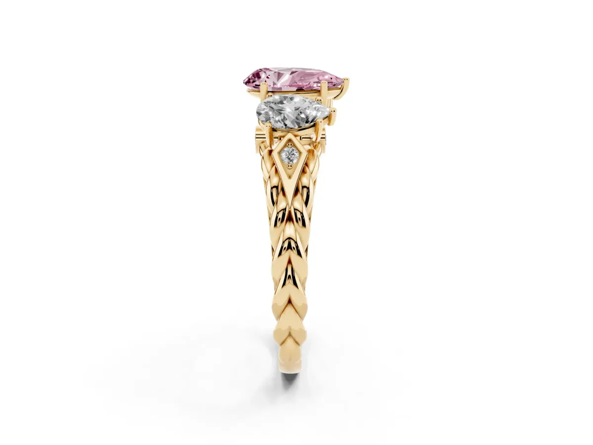 Fancy Pink Three-Stone Pear Cut Diamond Braided Band Ring with Four-Prong Setting Yellow gold