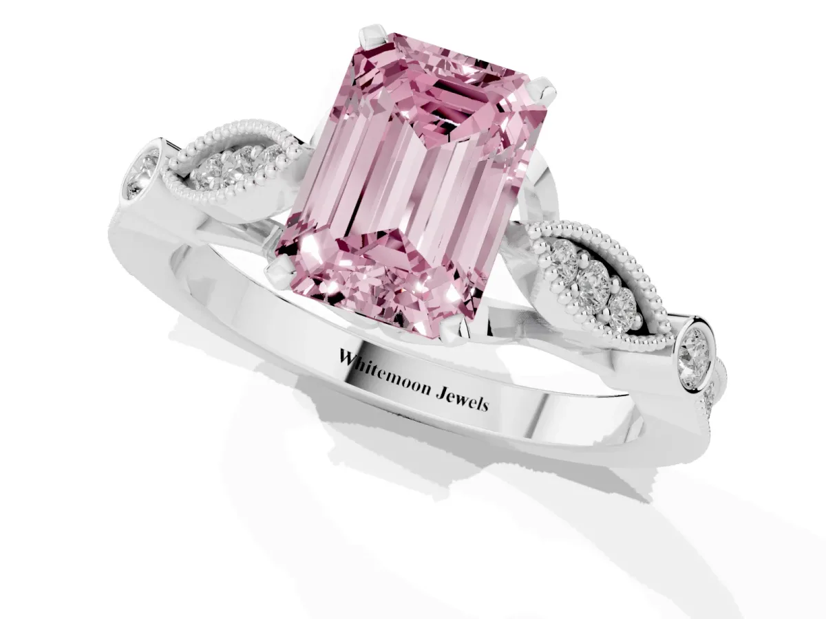 Fancy Pink Emerald Cut Cut Diamond with Milgrain Marquise and Bezel Accents on a Solitaire Band with Prong Setting Silver