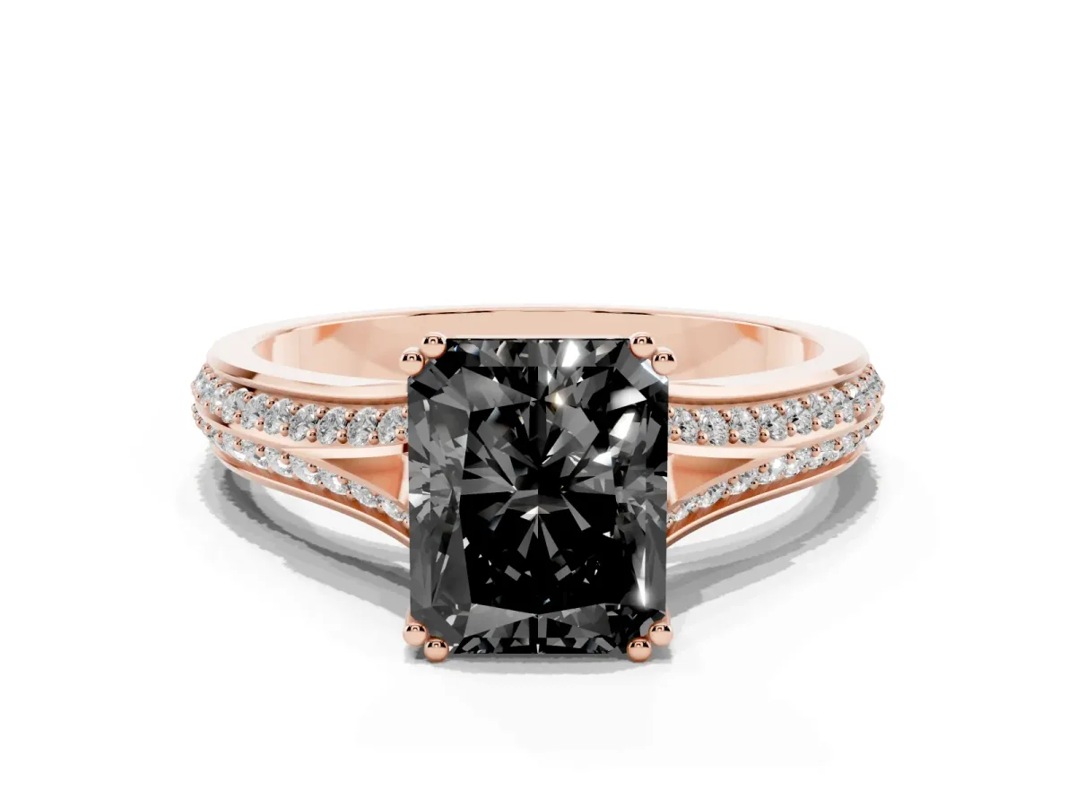 Fancy Black Radiant Cut Diamond Split Shank Engagement Ring with Pavé Band Rose gold