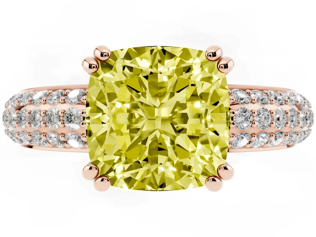 Fancy Yellow Cushion Cut Diamond Solitaire Ring with Multi-Row Round Pavé Band and Prong Setting Rose gold