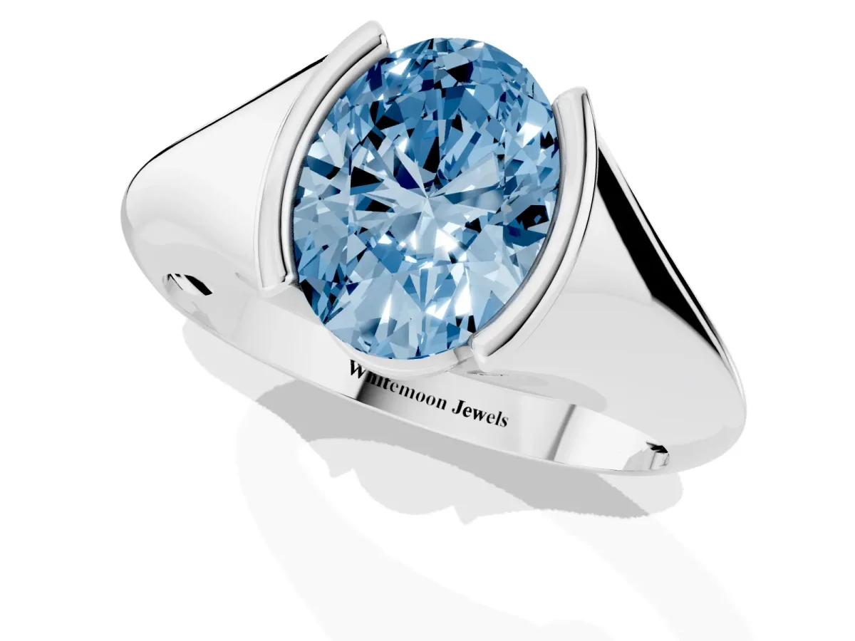 Fancy Blue Oval Cut Solitaire Tension Set Diamond Ring Silver