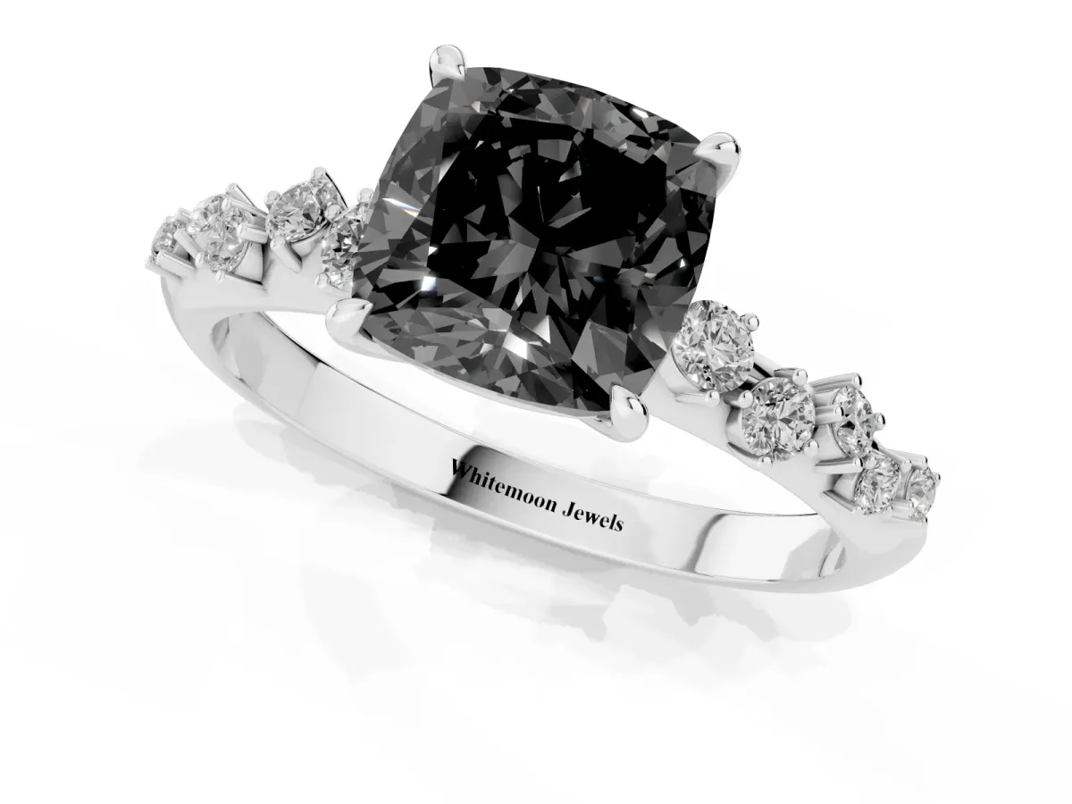 Fancy Black Cushion Cut Diamond Cluster Side Stone Solitaire Ring with Prong Setting Platinum