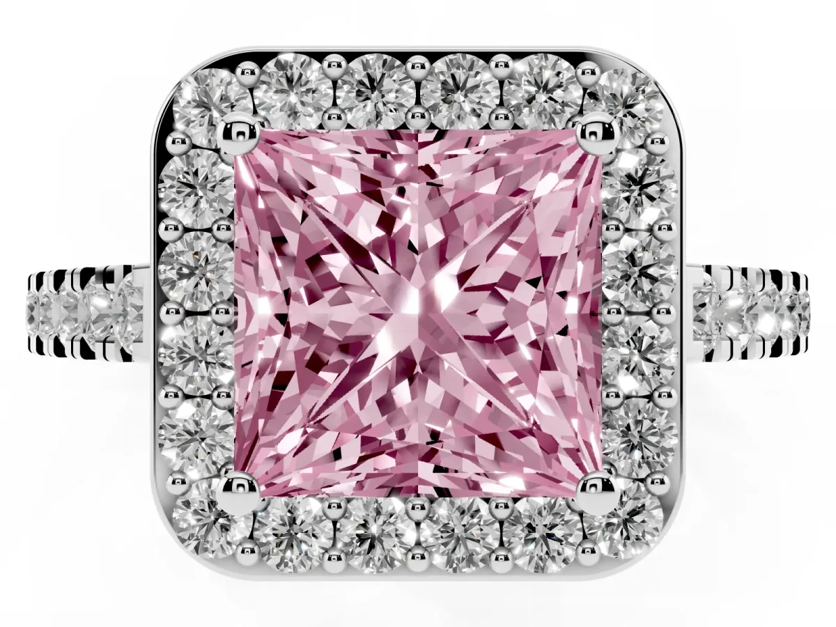 Fancy Pink Princess Cut Diamond Halo Ring with Round Pavé Split Shank and Prong Setting Silver