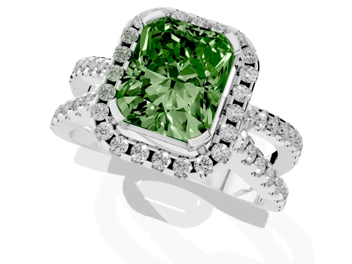 Fancy Green Radiant Cut Diamond Halo Ring with Split Shank Pavé Band and Prong Setting Silver