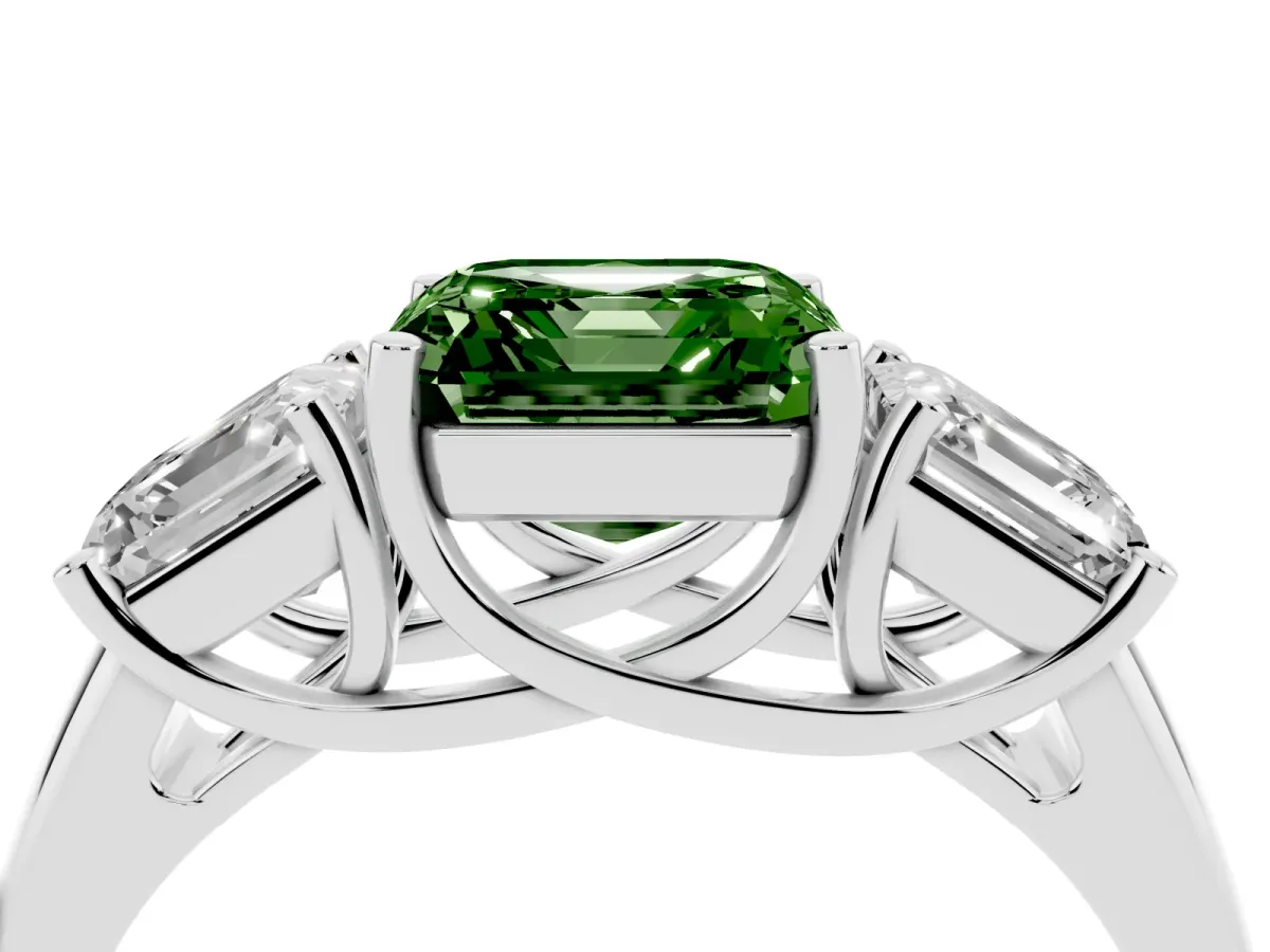 Fancy Green Three-Stone Asscher Cut Diamond Engagement Ring with Prong Setting Silver