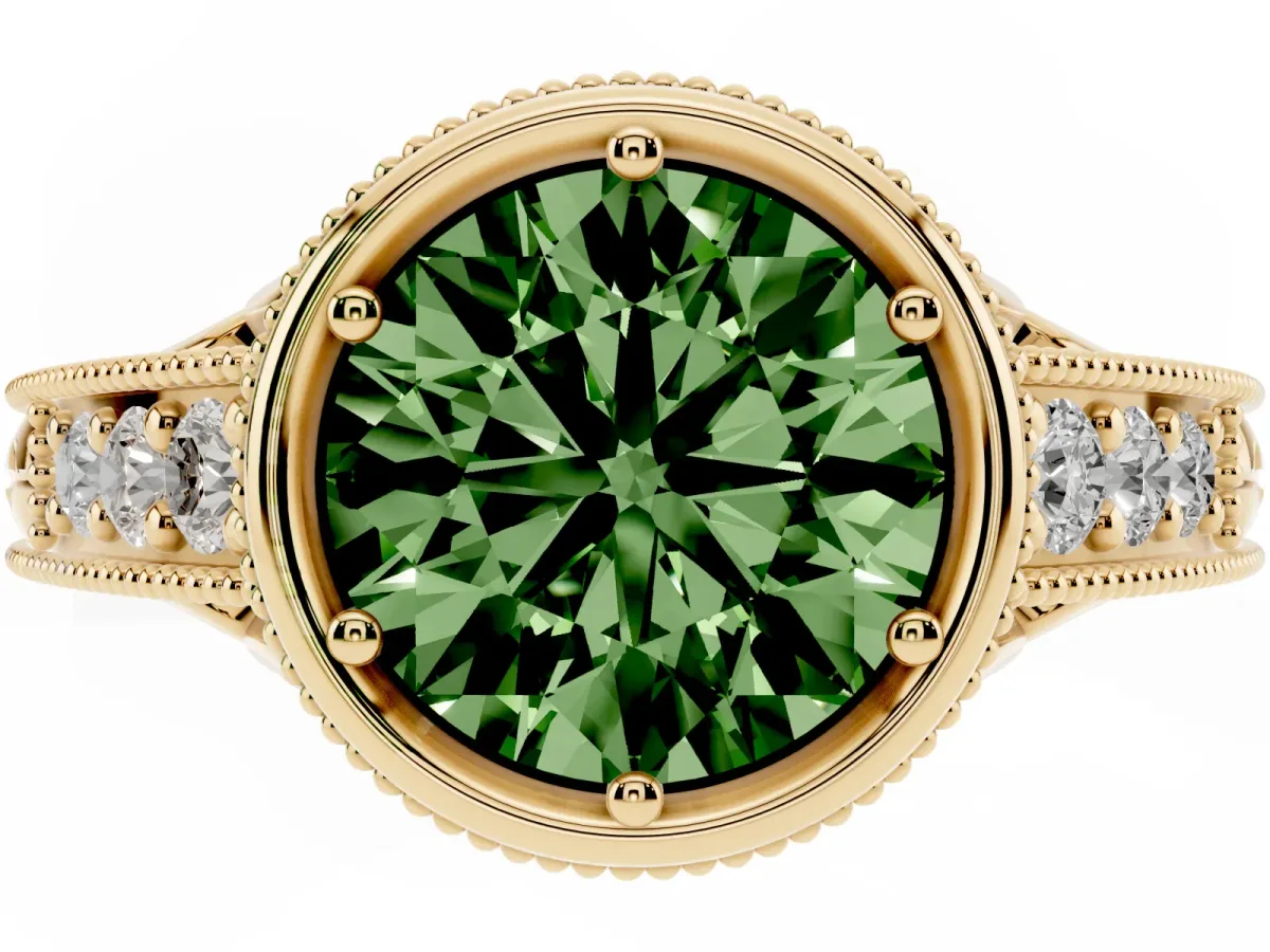 Fancy Green Bezel Set Round Cut Diamond Milgrain Pave Engagement Ring Yellow gold
