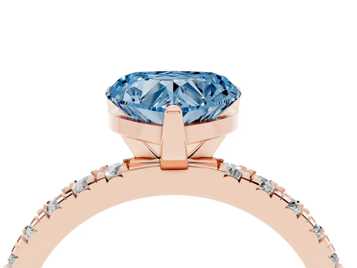 Fancy Blue Heart Cut Diamond Pavé Band Solitaire with Four-Prong Setting Rose gold