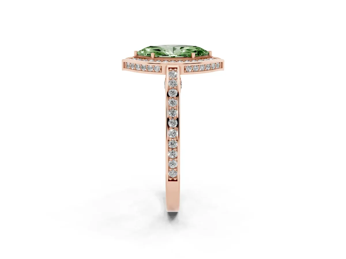 Fancy Green Marquise Cut Cut Halo Pave Split Shank Prong Setting Ring Rose gold