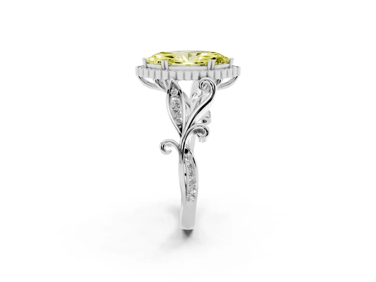 Fancy Yellow Marquise Cut Diamond Halo Ring with Vintage Split Shank and Four-Prong Setting Silver