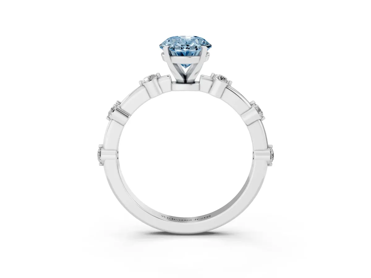 Fancy Blue Oval Cut Solitaire Diamond Ring with Bezel Set Side Stones and Prong Setting Silver