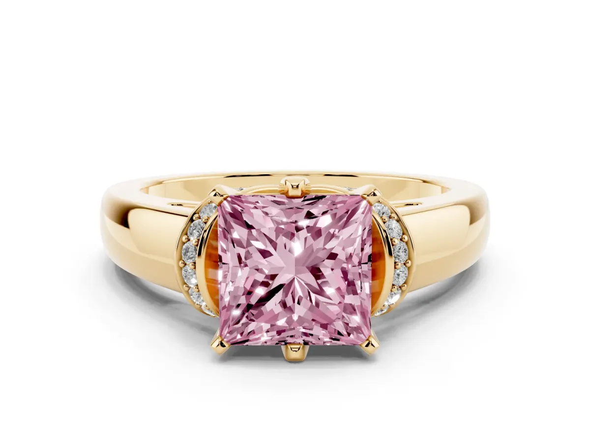 Fancy Pink Princess Cut Solitaire Diamond Ring with Pave Band and Six-Prong Setting Yellow gold