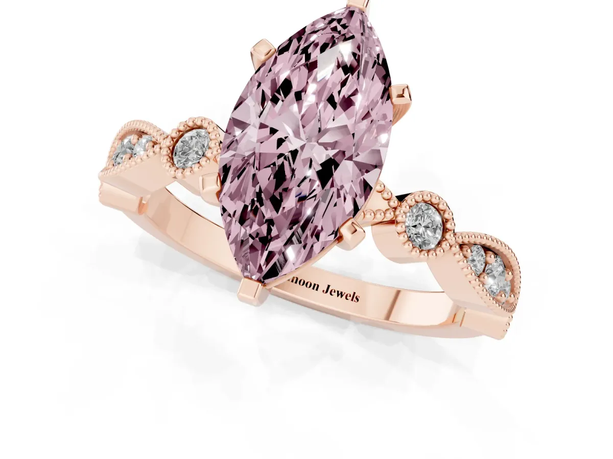 Fancy Pink Marquise Cut Milgrain Bezel Diamond Engagement Ring with Solitaire Prong Setting Rose gold