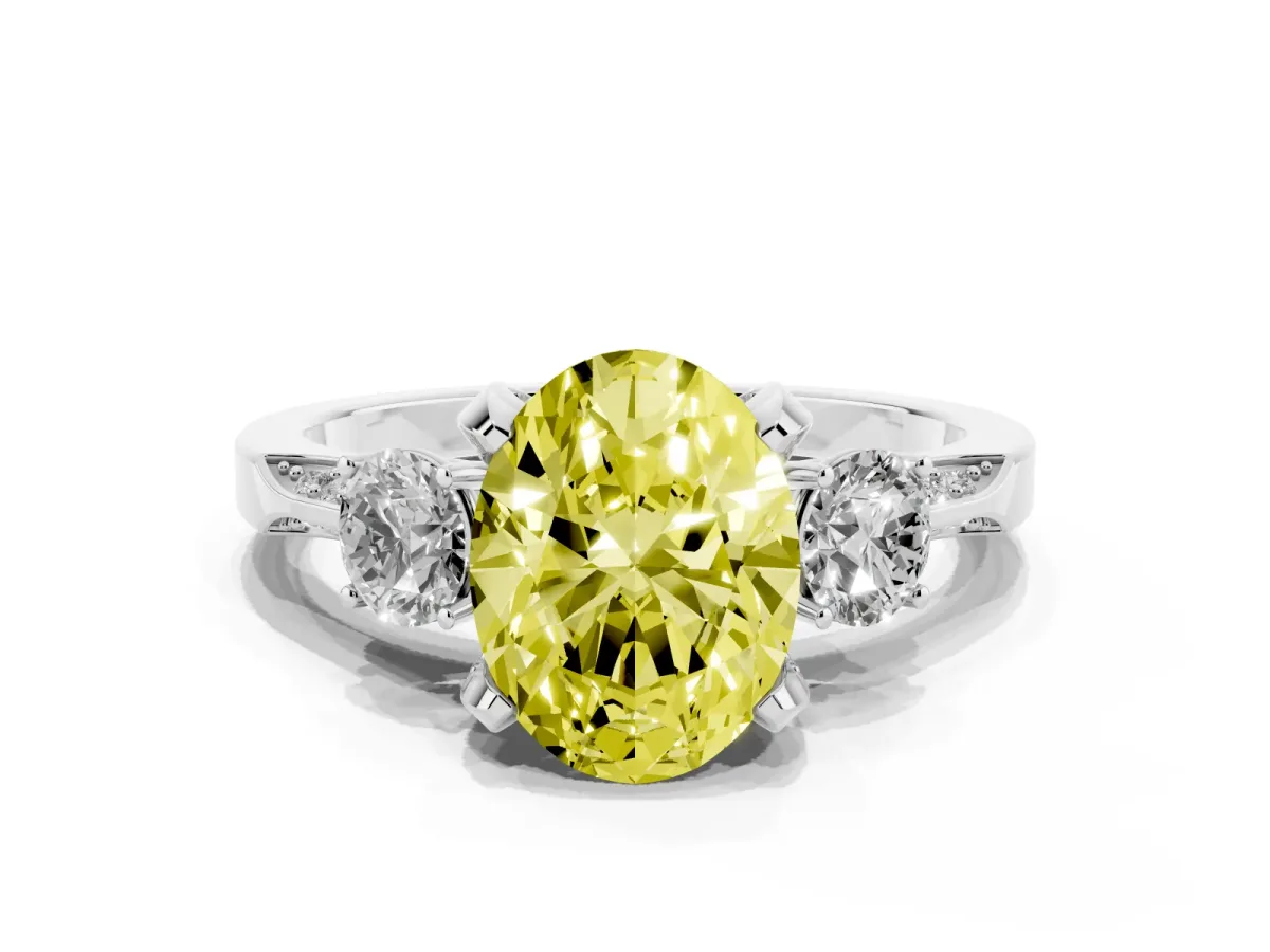 Fancy Yellow Oval Cut Brilliant Three-Stone Diamond Ring with Pavé Band and Four-Prong Setting Silver