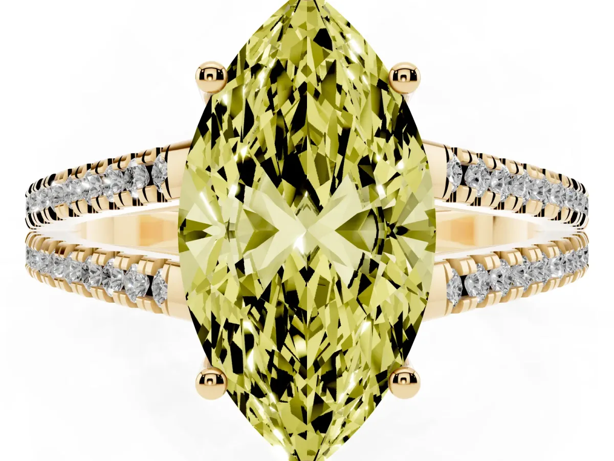 Fancy Yellow Marquise Cut Diamond Solitaire Engagement Ring with Split Shank Pavé Band Yellow gold