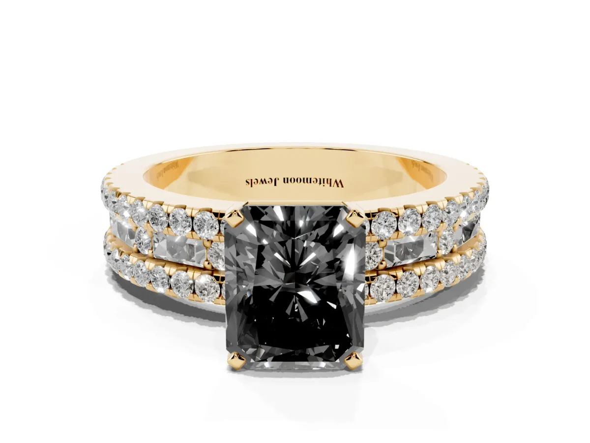 Fancy Black Radiant Cut Diamond Solitaire Ring with Pavé and Channel Set Band Yellow gold