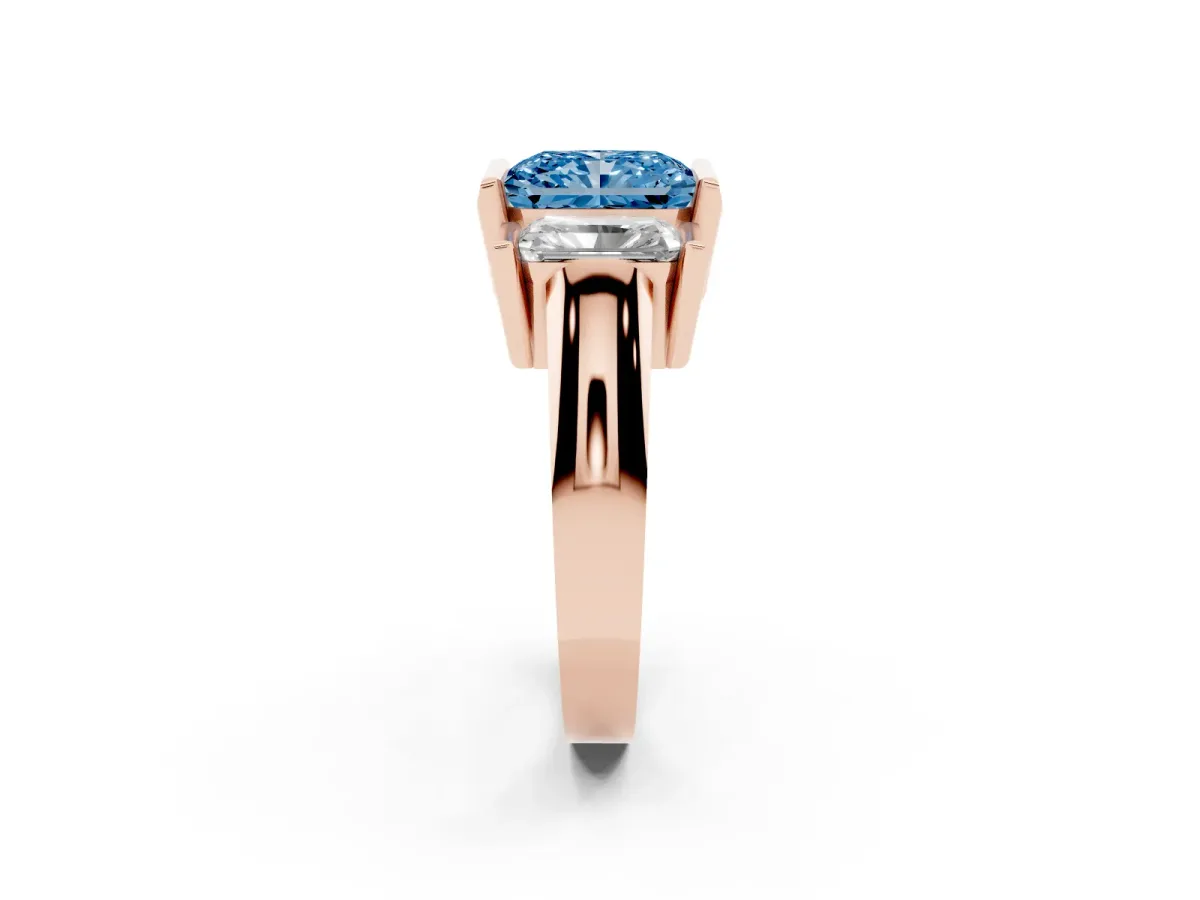 Fancy Blue Three Stone Radiant Cut Cut Channel Set Diamond Ring Rose gold